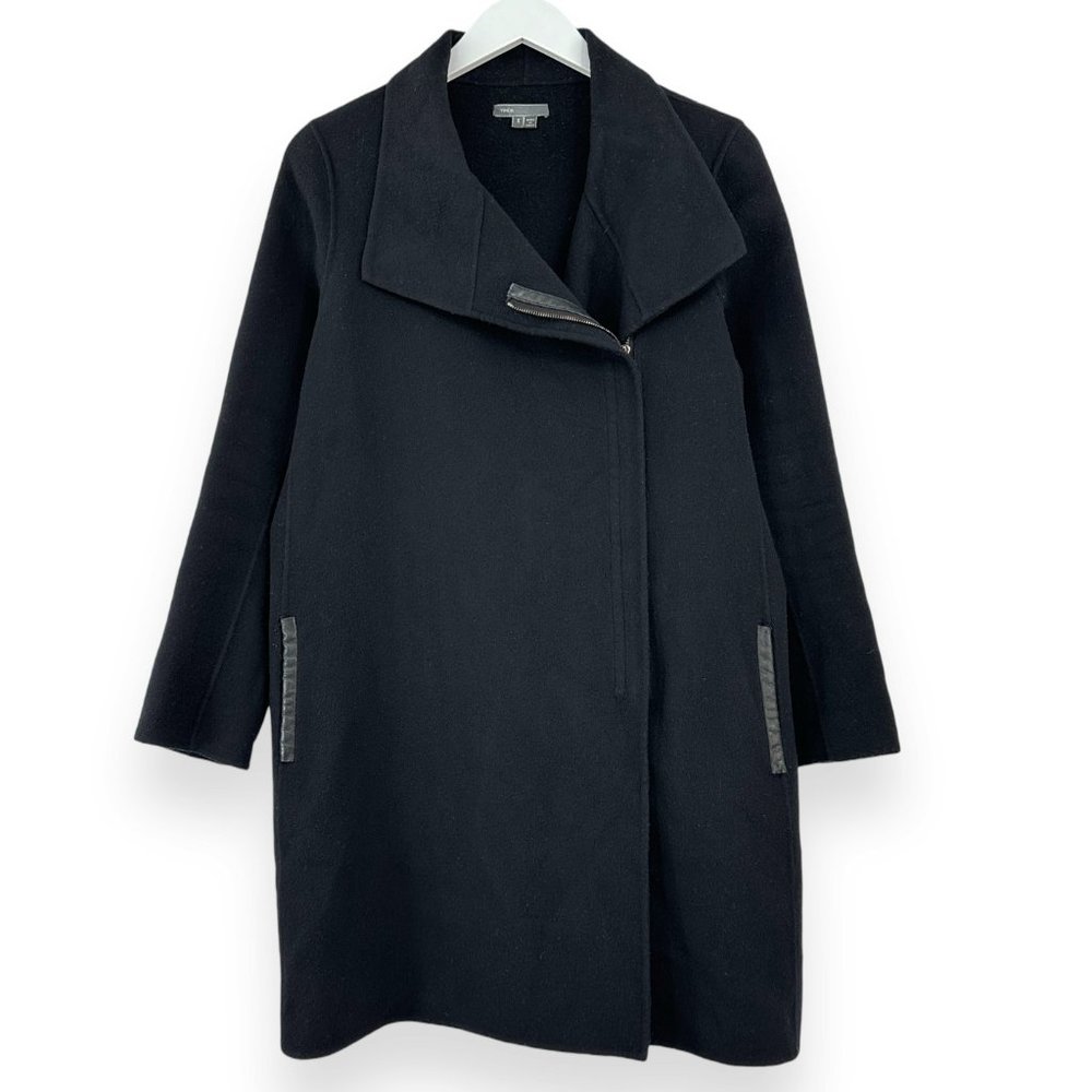 VINCE Black Genuine Leather Trimmed Oversized Relaxed Loose Fit Wool Coat sz S
